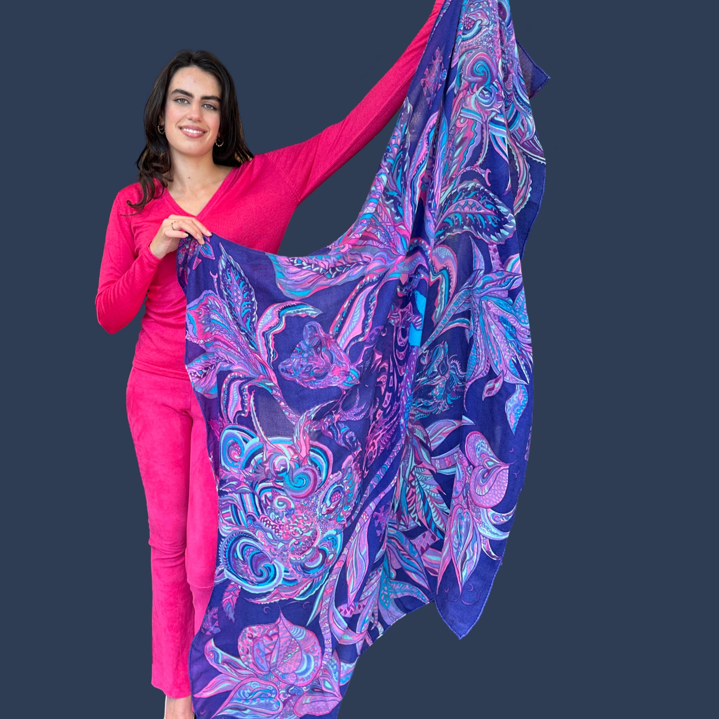 BONDED IN GARDEN EDEN Cashmere Carré Tuch, 150x150 AAA fine baby Kaschmir - 10 color frames: purple, pink magenta & turquoise. LIMITED EDITION 2/8