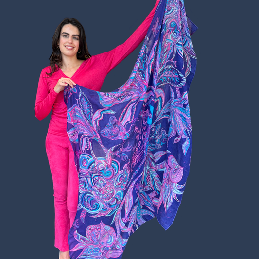 BONDED IN GARDEN EDEN Cashmere Carré Tuch, 150x150 AAA fine baby Kaschmir - 10 color frames: purple, pink magenta & turquoise. LIMITED EDITION 2/8