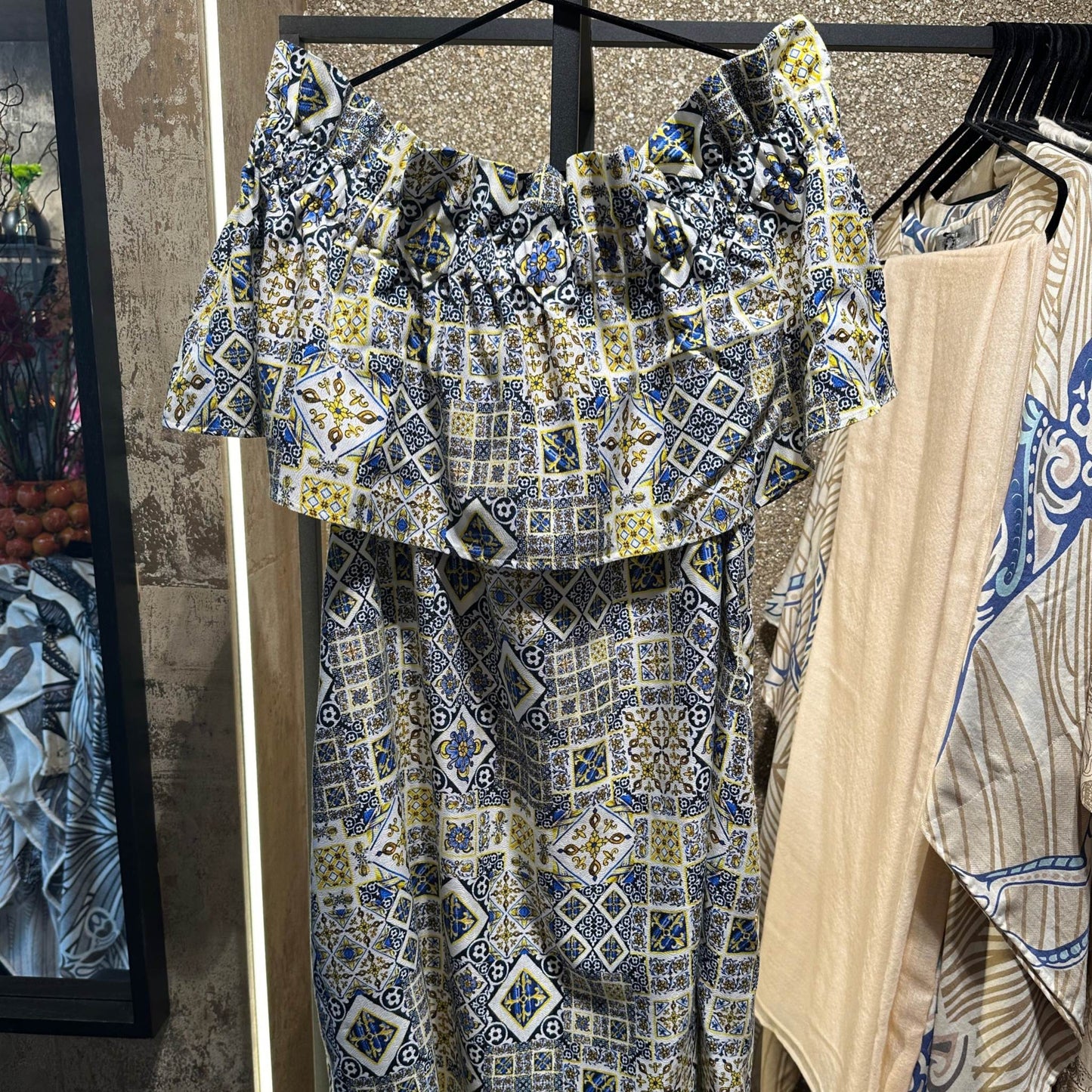 TIMELESS SUSTAINABLE COLLECTION Carmen Sommerkleid, Majolica Baumwoll-Jaquard, Blue/yellow, M, Unikat