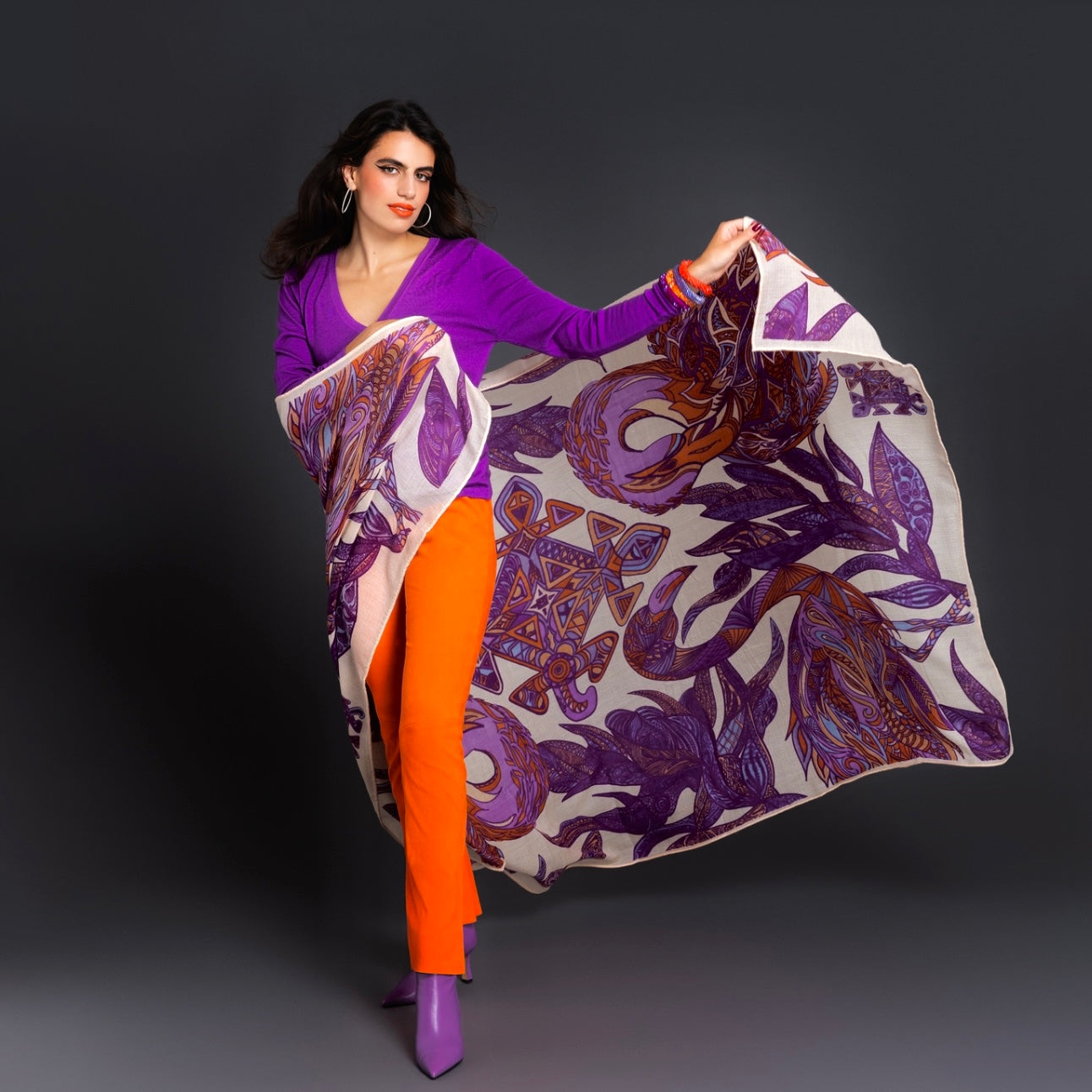 Kaschmir Schal - Stola - superfine AAA baby cashmere 140x200 „FLAMINGO GARDENS“ Limited Edition LILA & ORANGE