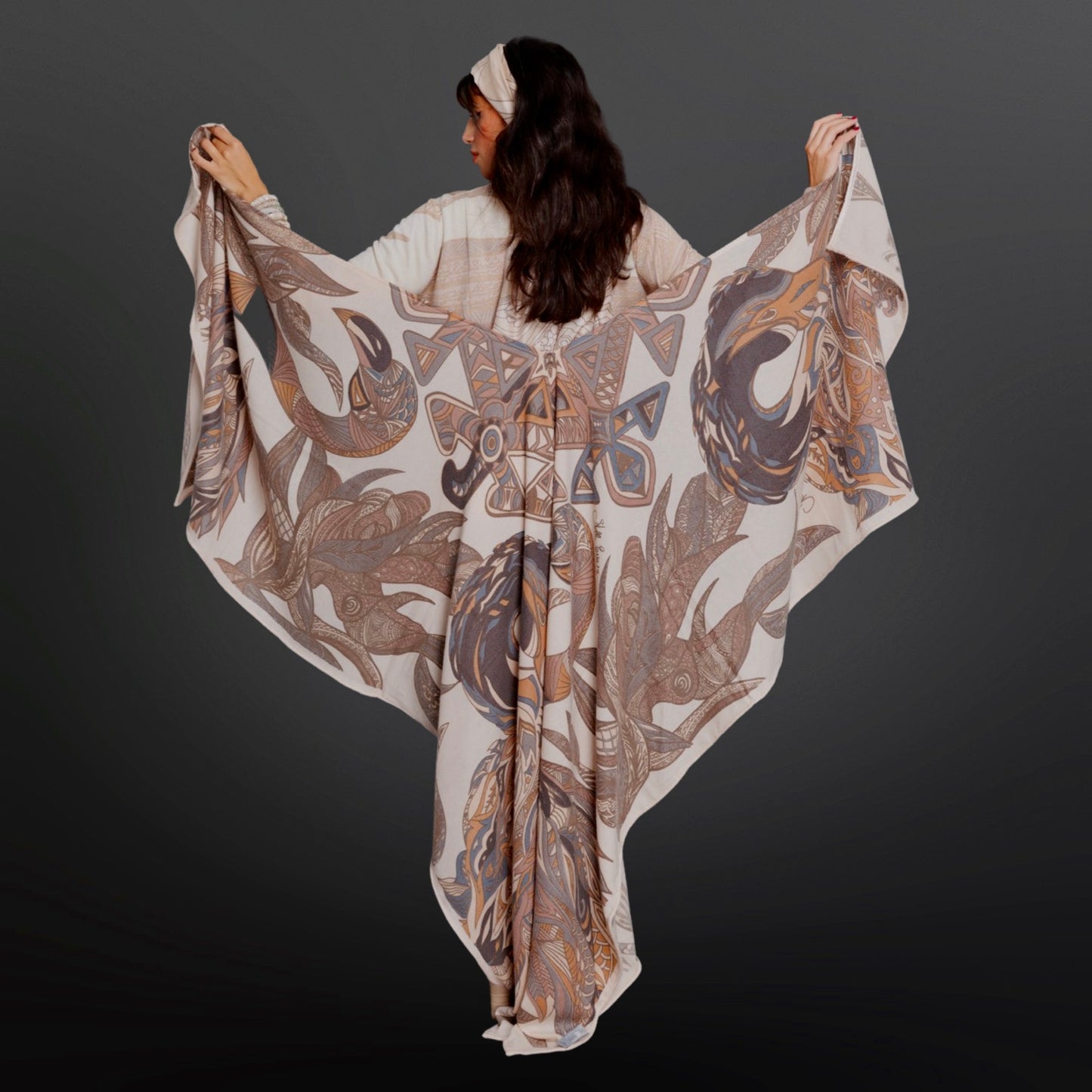 Cashmere Stole - Cape “FLAMINGO GARDEN” Beige tones LIMITED EDITION #5