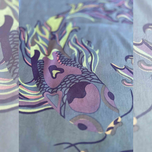 KOI Schal doubleface, auf Seide bedruckt, 100x200, Rückseite 100% Kaschmir in Blau&Türkis