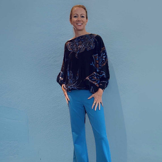 SOUL LEAVES Baby-Kaschmir Pullover, Fledermaus-Ärmel, braun&blau, ldt.