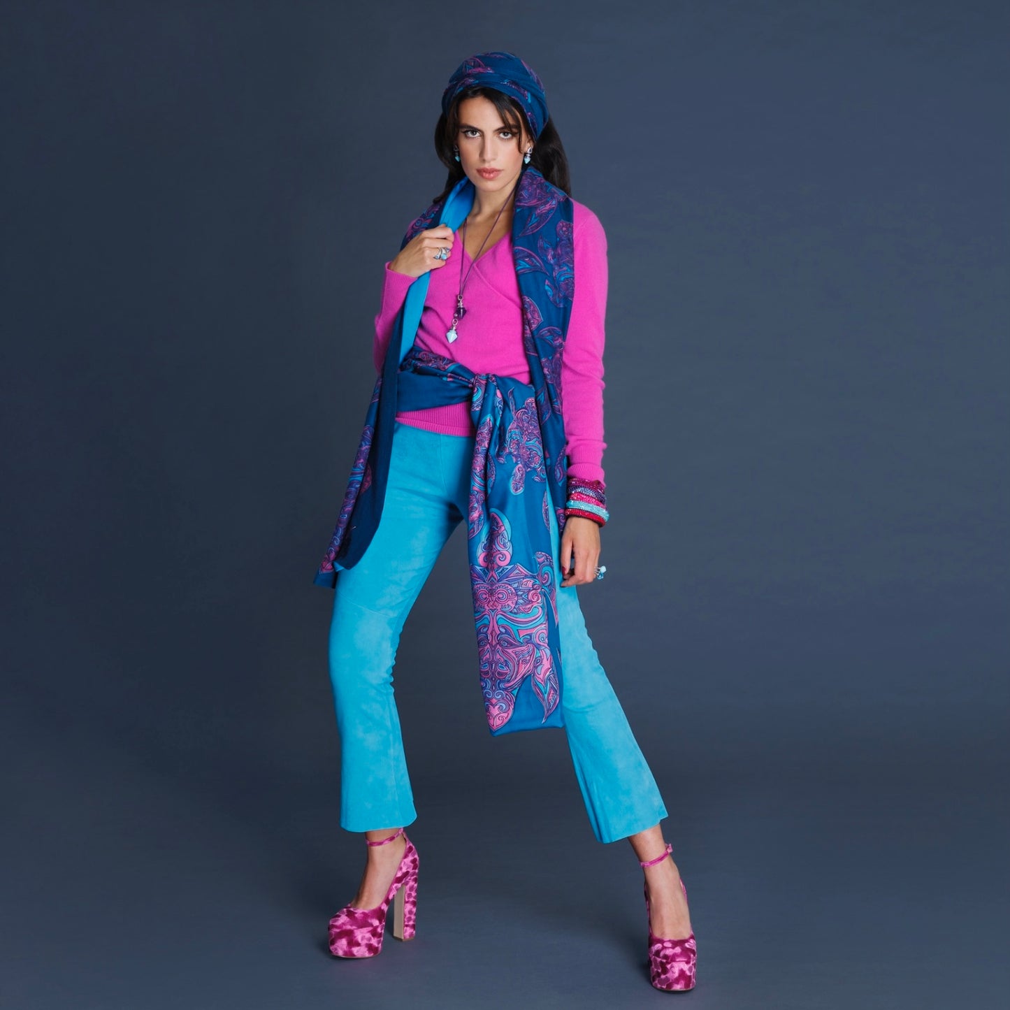 Kaschmir und Seide Doubleface Schal Turtles Petrol und Pink