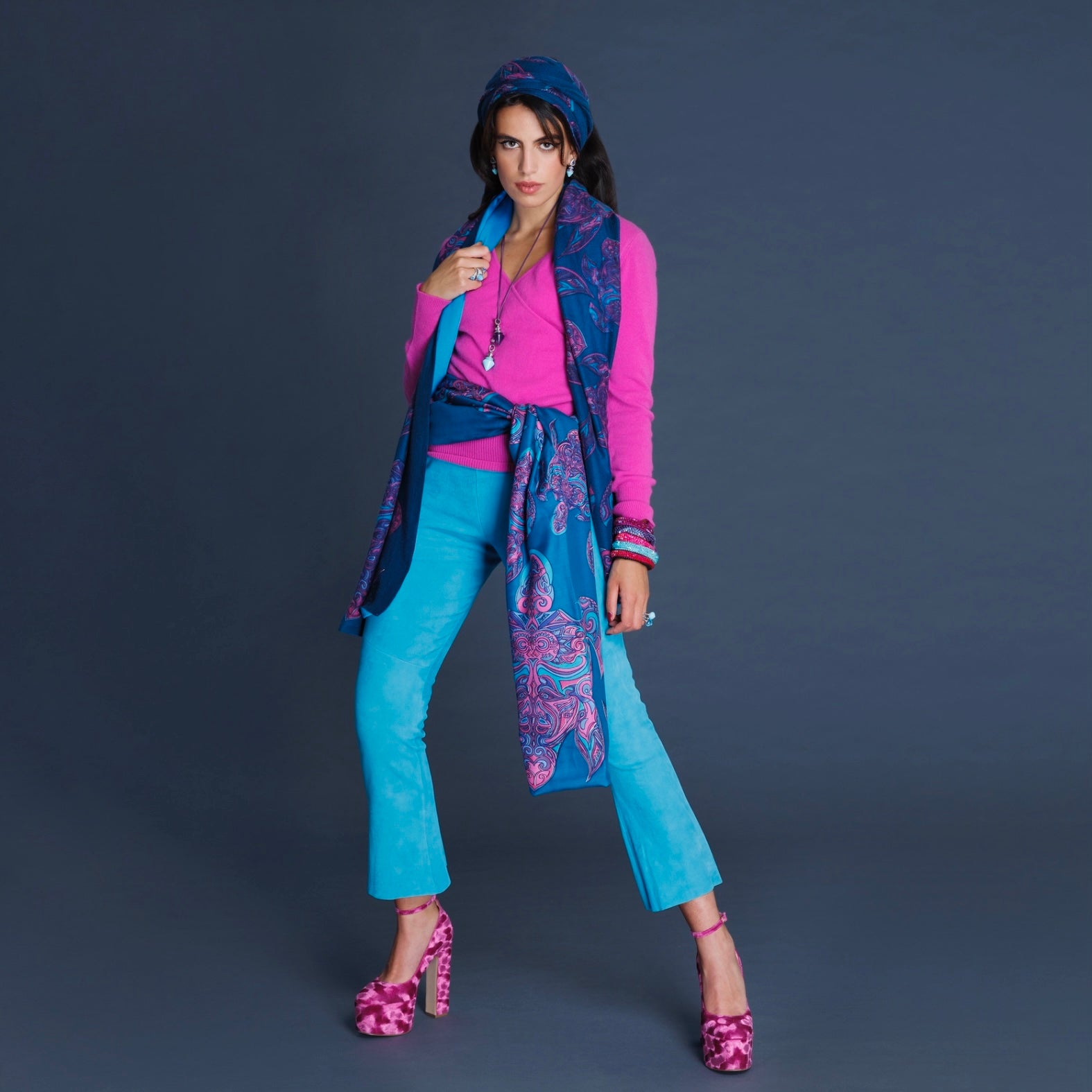 Kaschmir und Seide Doubleface Schal Turtles Petrol und Pink