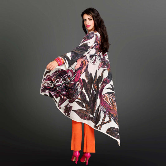 Cape FLAMINGO GARDEN Kaschmir Stola, pink&mauve on white, limited 5 St