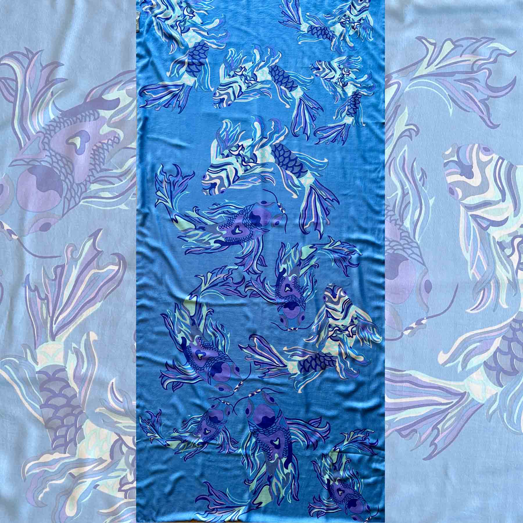 KOI Schal doubleface, auf Seide bedruckt, 100x200, Rückseite 100% Kaschmir in Blau&Türkis