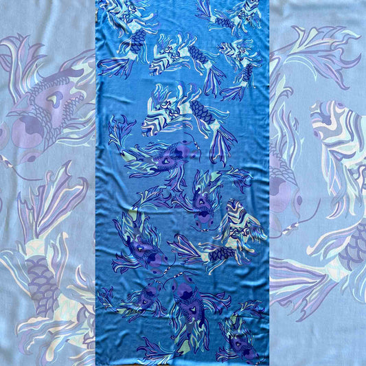 KOI Schal doubleface, auf Seide bedruckt, 100x200, Rückseite 100% Kaschmir in Blau&Türkis