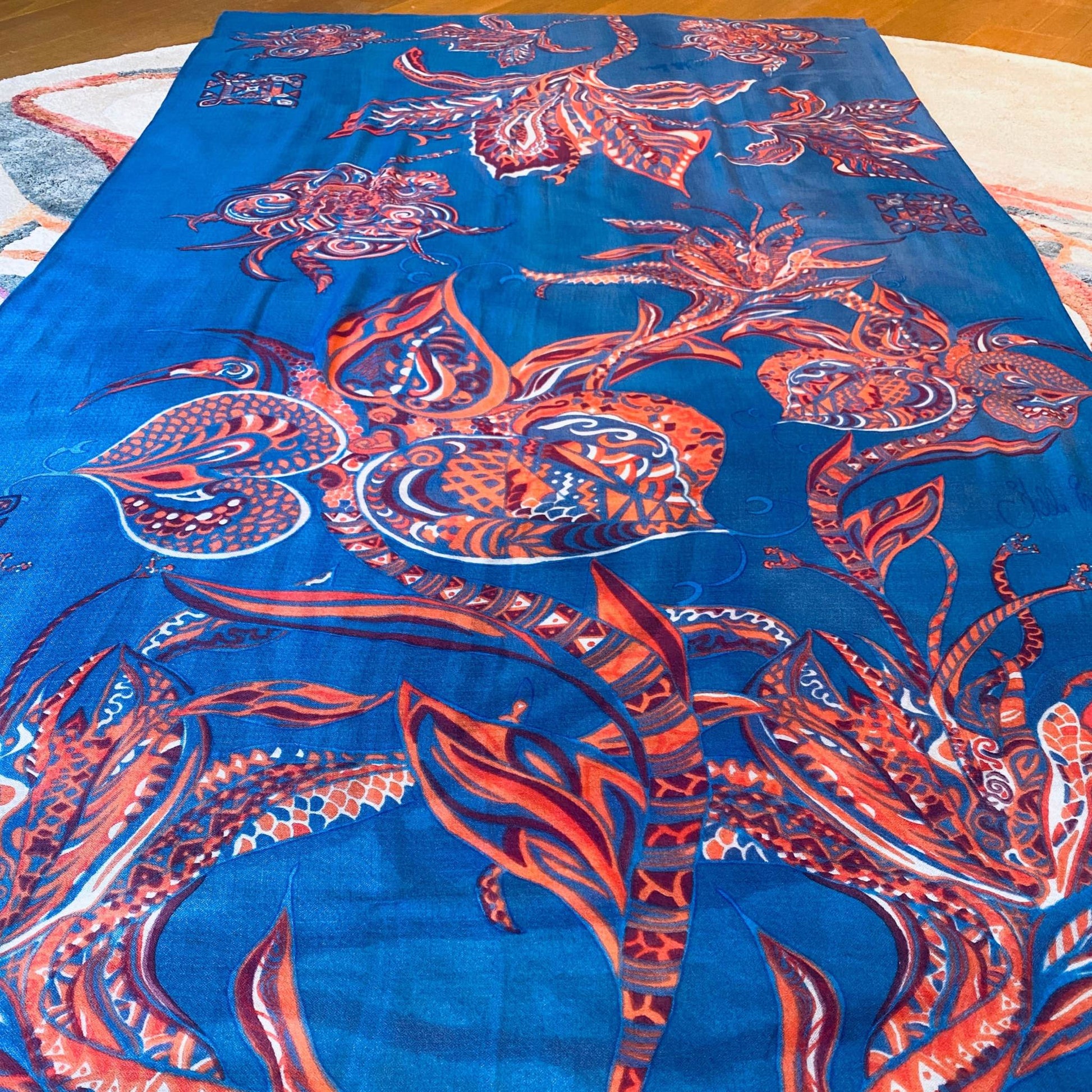 Schal SOUL FLOWERS leichter Baby-Kaschmir, blue&orange, limitiert 5 St