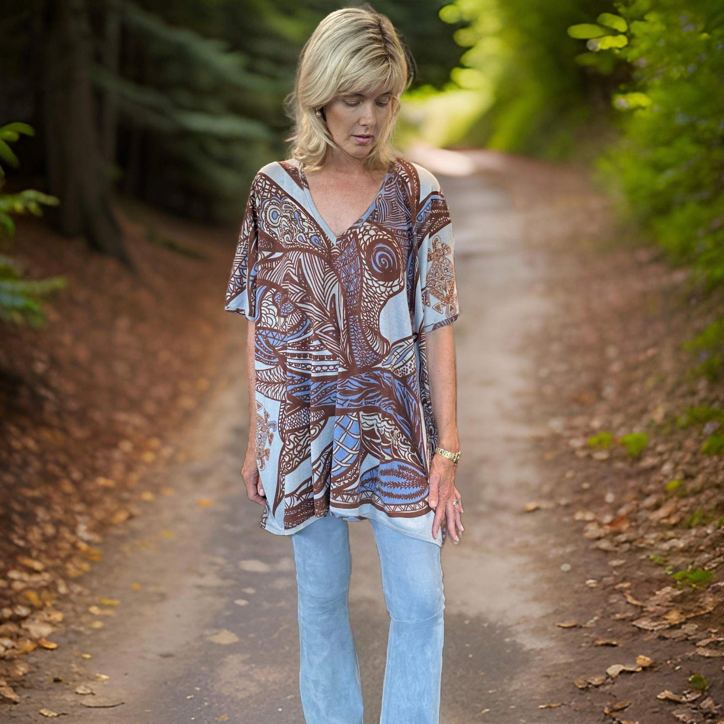 SOUL LEAVES Fein-Strick Kaschmir & Seide Poncho, bedruckt, UNIKAT