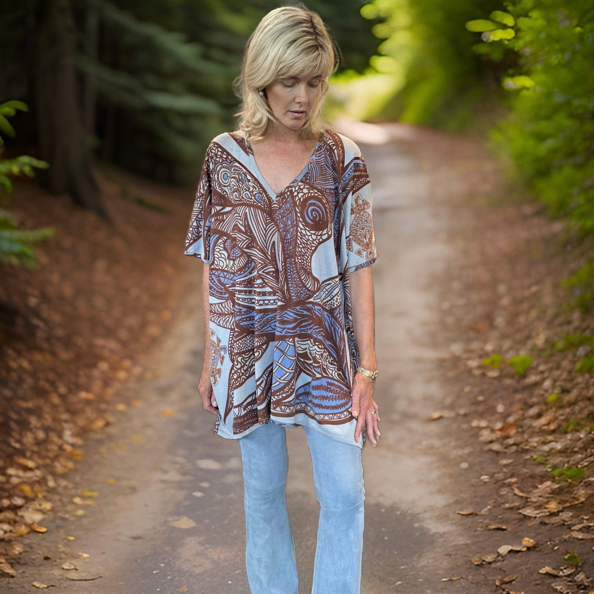 SOUL LEAVES Fein-Strick Kaschmir & Seide Poncho, bedruckt, UNIKAT