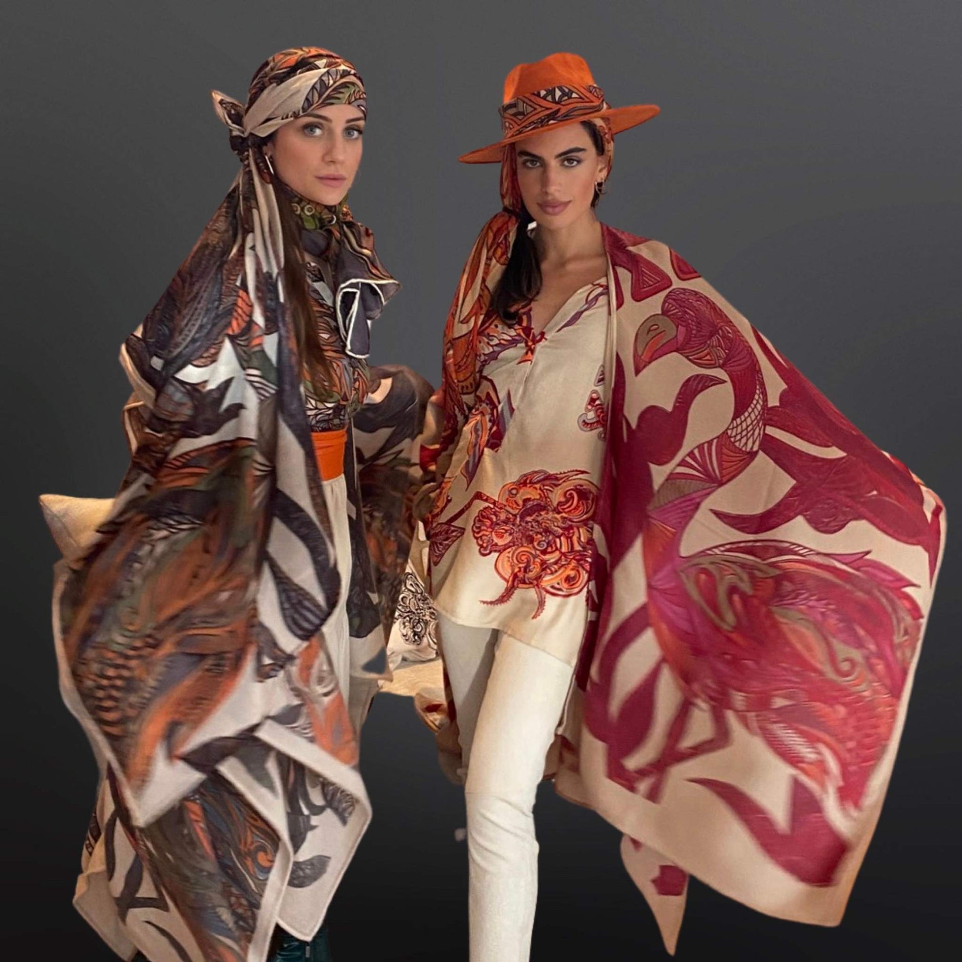 Cape FLAMINGO GARDEN Kaschmir Stola, autumn green & orange, limitiert