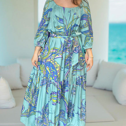 Maxi Kleid SOUL FLOWERS, handgewobene 100 % Seide, türkis & blau, Unikat