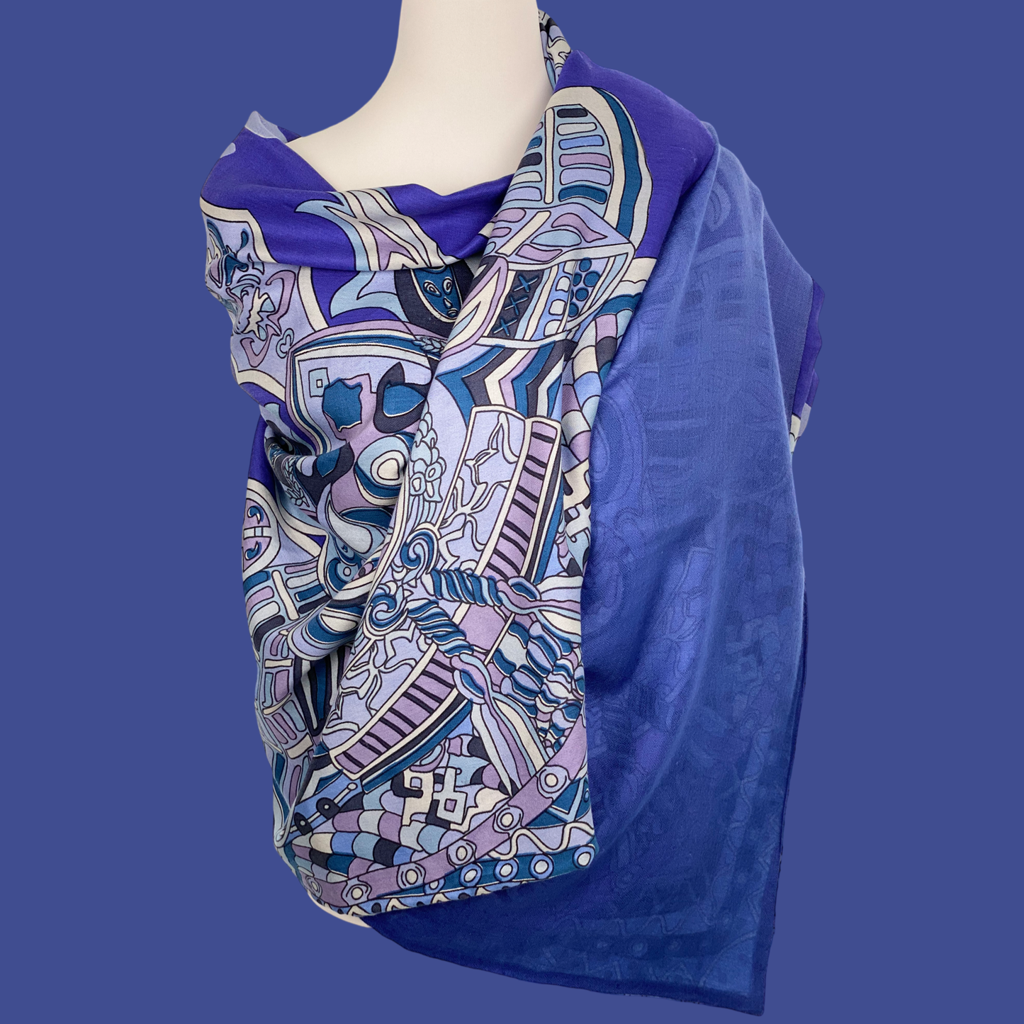 “4 SAMURAIS”- 150x150 XL Tuch/Stola - Kaschmir & Seide Doubleface, Lila/blau/violett- Limited Edition #2