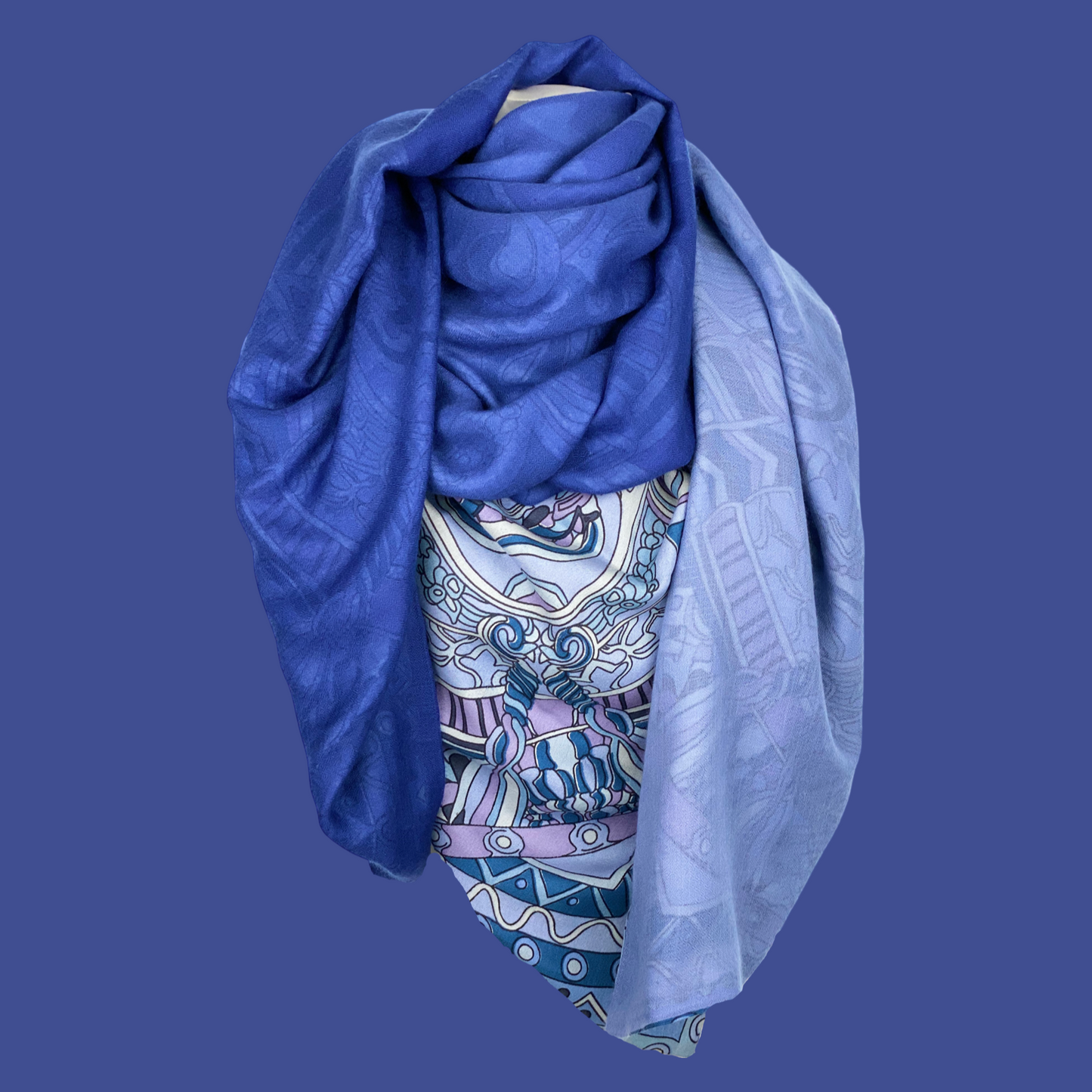 “4 SAMURAIS”- 150x150 XL Tuch/Stola - Kaschmir & Seide Doubleface, Lila/blau/violett- Limited Edition #2