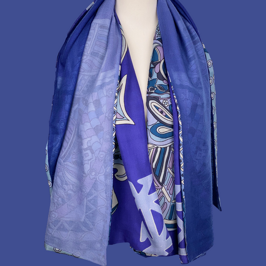 “4 SAMURAIS”- 150x150 XL Tuch/Stola - Kaschmir & Seide Doubleface, Lila/blau/violett- Limited Edition #2