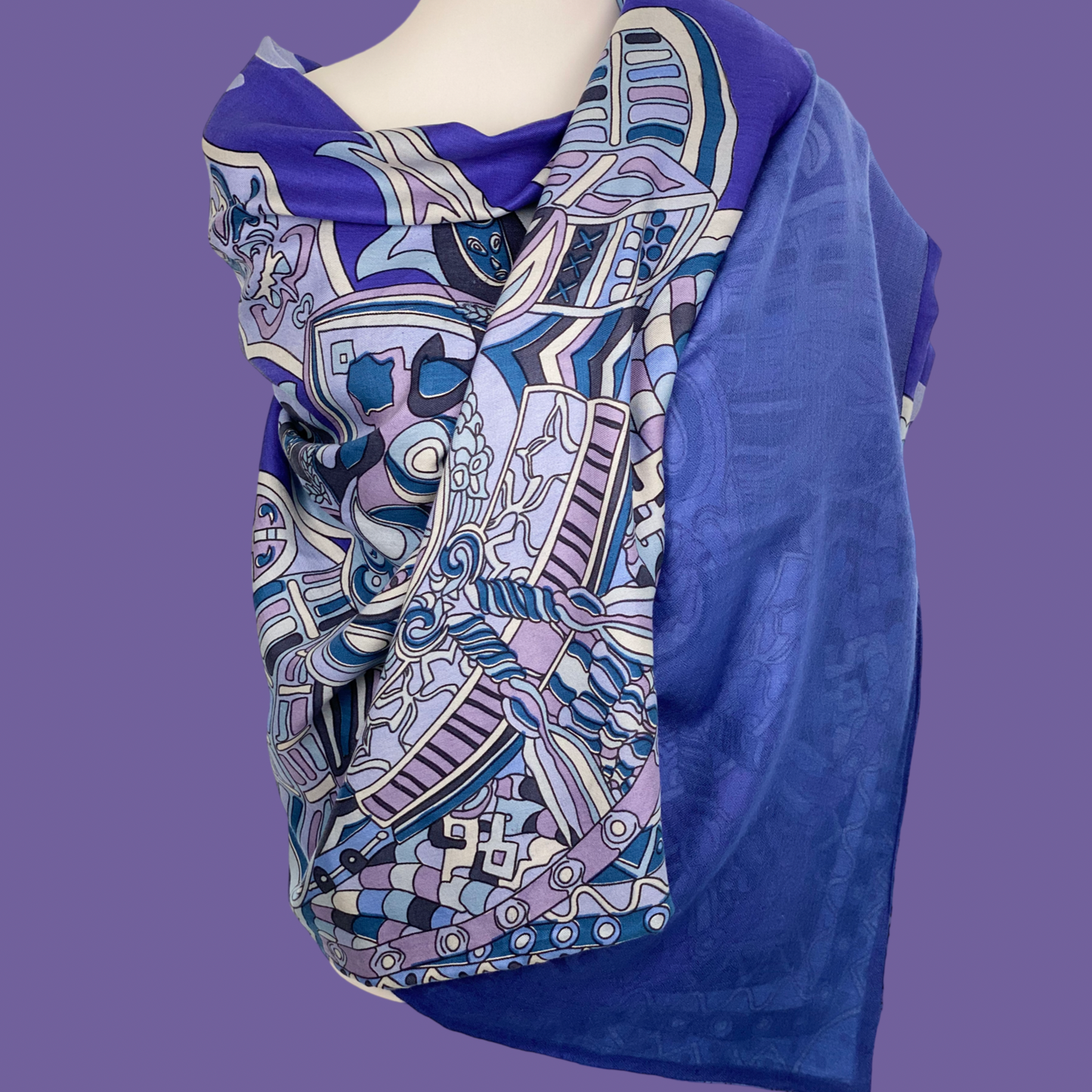 “4 SAMURAIS”- 150x150 XL Tuch/Stola - Kaschmir & Seide Doubleface, Lila/blau/violett- Limited Edition #2