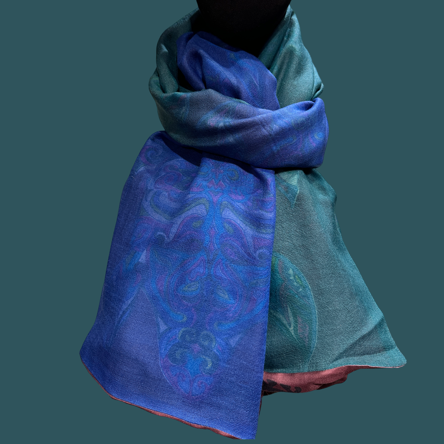 TURTLE LOVE Doubleface Kaschmir & Seiden Schal - 200x100 - Bordeaux & grűn, blau, türkis