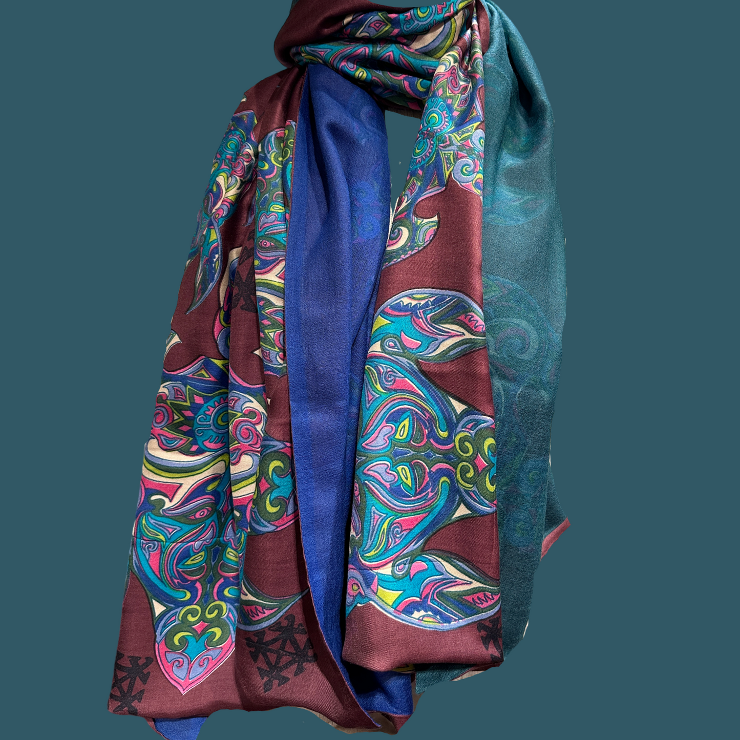 TURTLE LOVE Doubleface Kaschmir & Seiden Schal - 200x100 - Bordeaux & grűn, blau, türkis