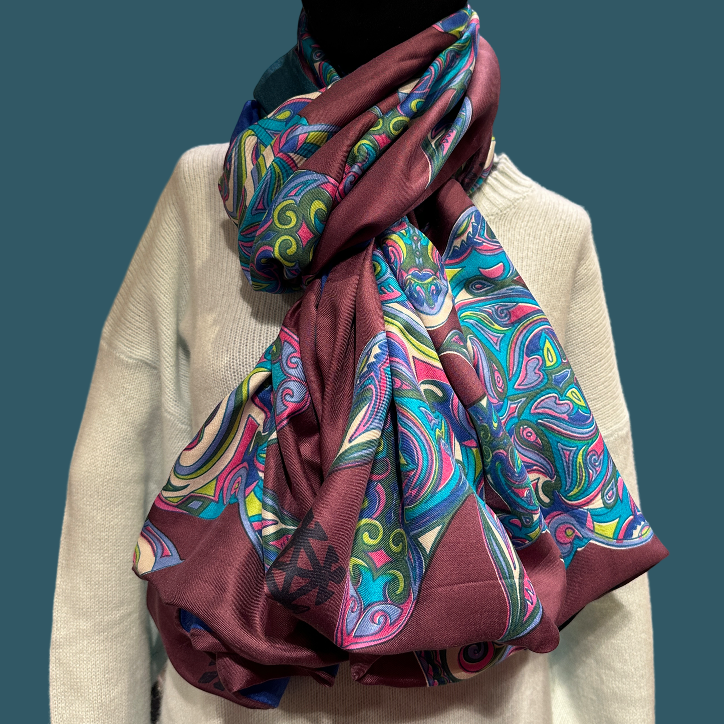TURTLE LOVE Doubleface Kaschmir & Seiden-Schal - 200x100 - bordeaux/ petrol/ türkis - Limitiert #5