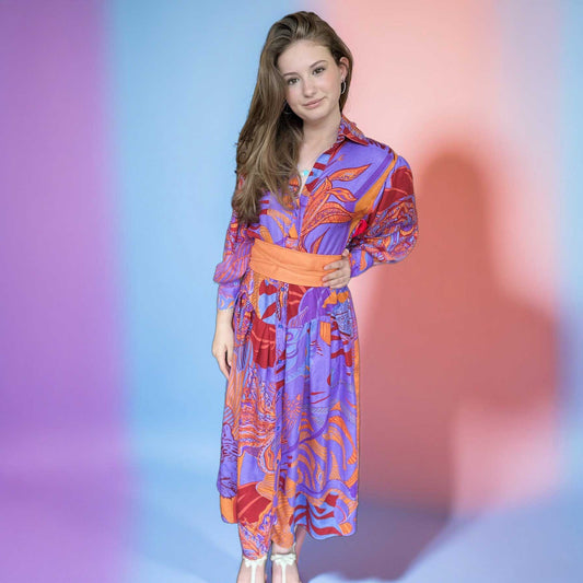 Midi Kleid, WILD FAMILY BOND, Seide bedruckt, lila-orange-rot, Unikat