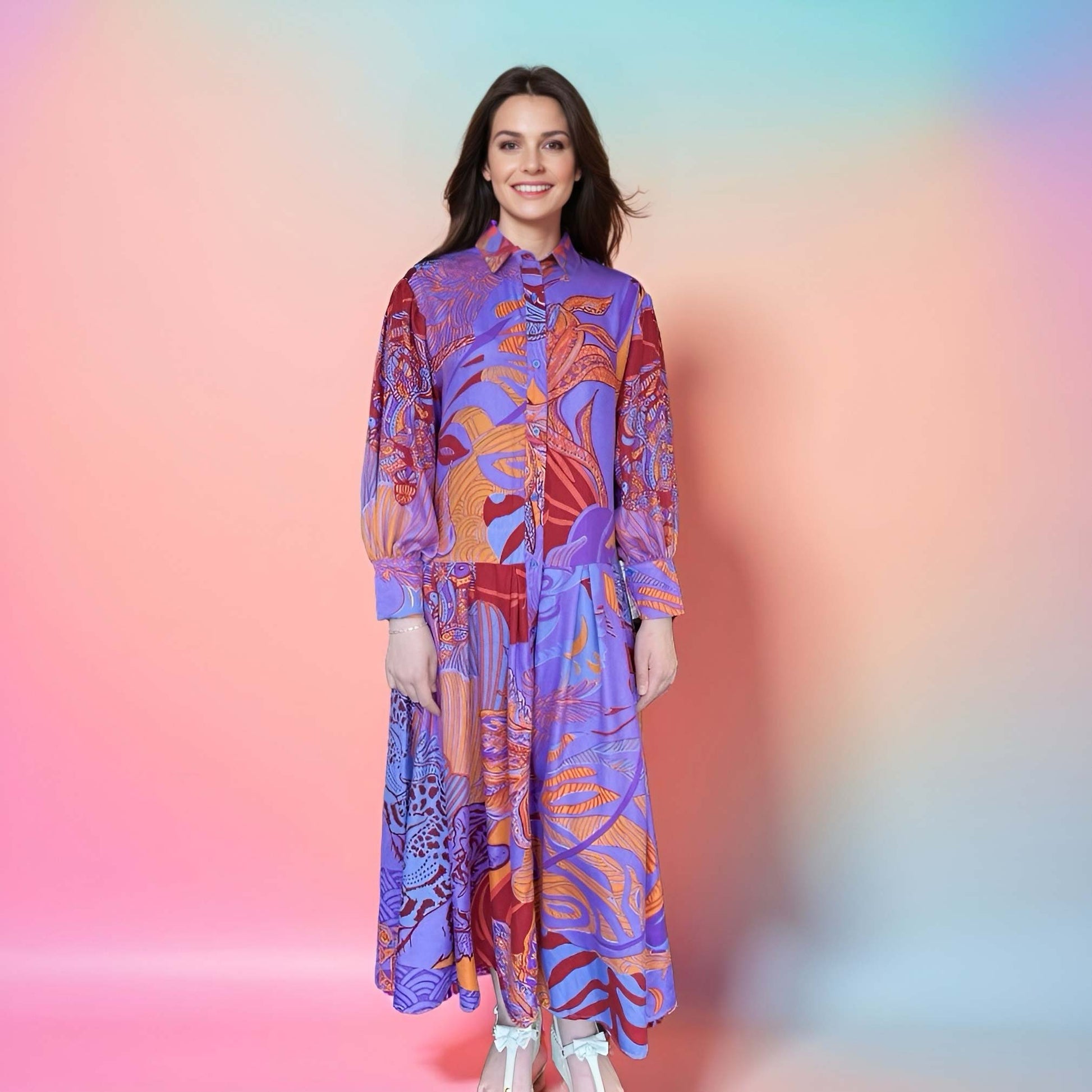 Midi Kleid, WILD FAMILY BOND, Seide bedruckt, lila-orange-rot, Unikat