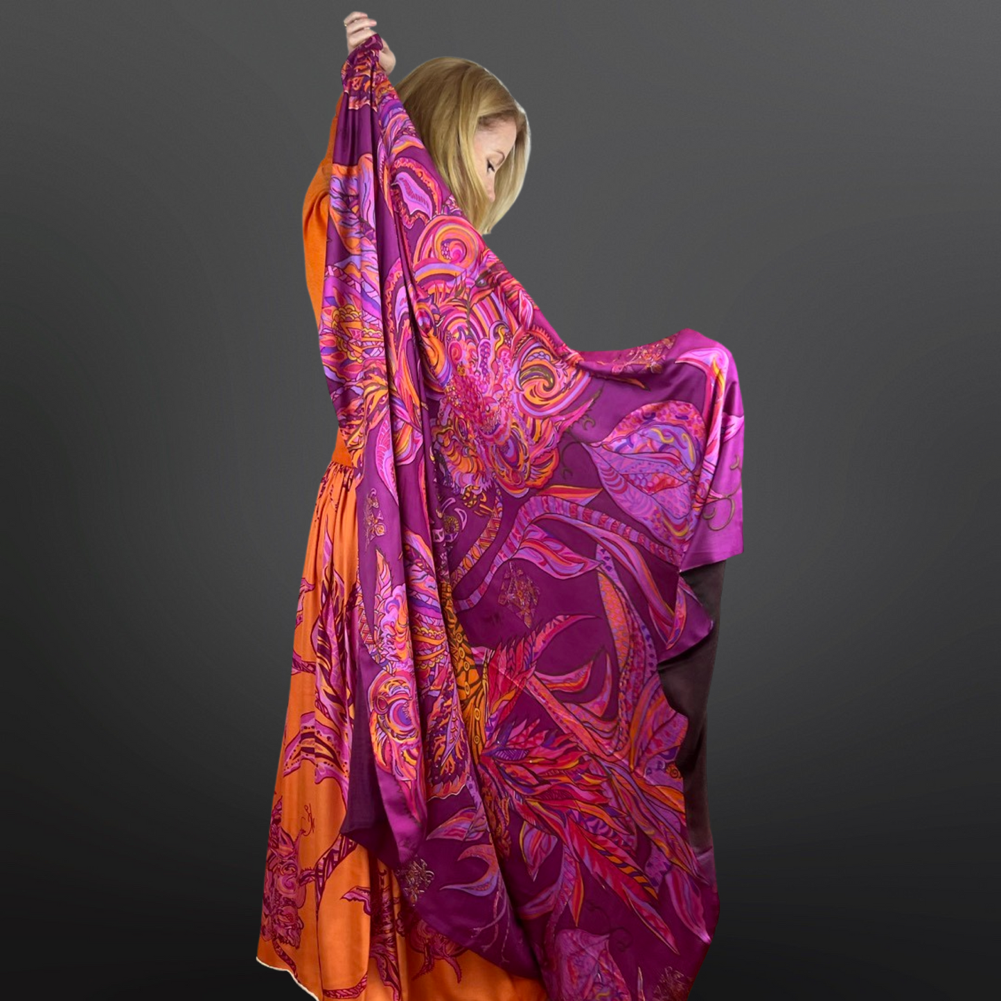 “BONDED IN GARDEN EDEN” Kaschmir & Seiden-Carée-Tuch, Doubleface, Plum & blue & orange, Limitiert #3