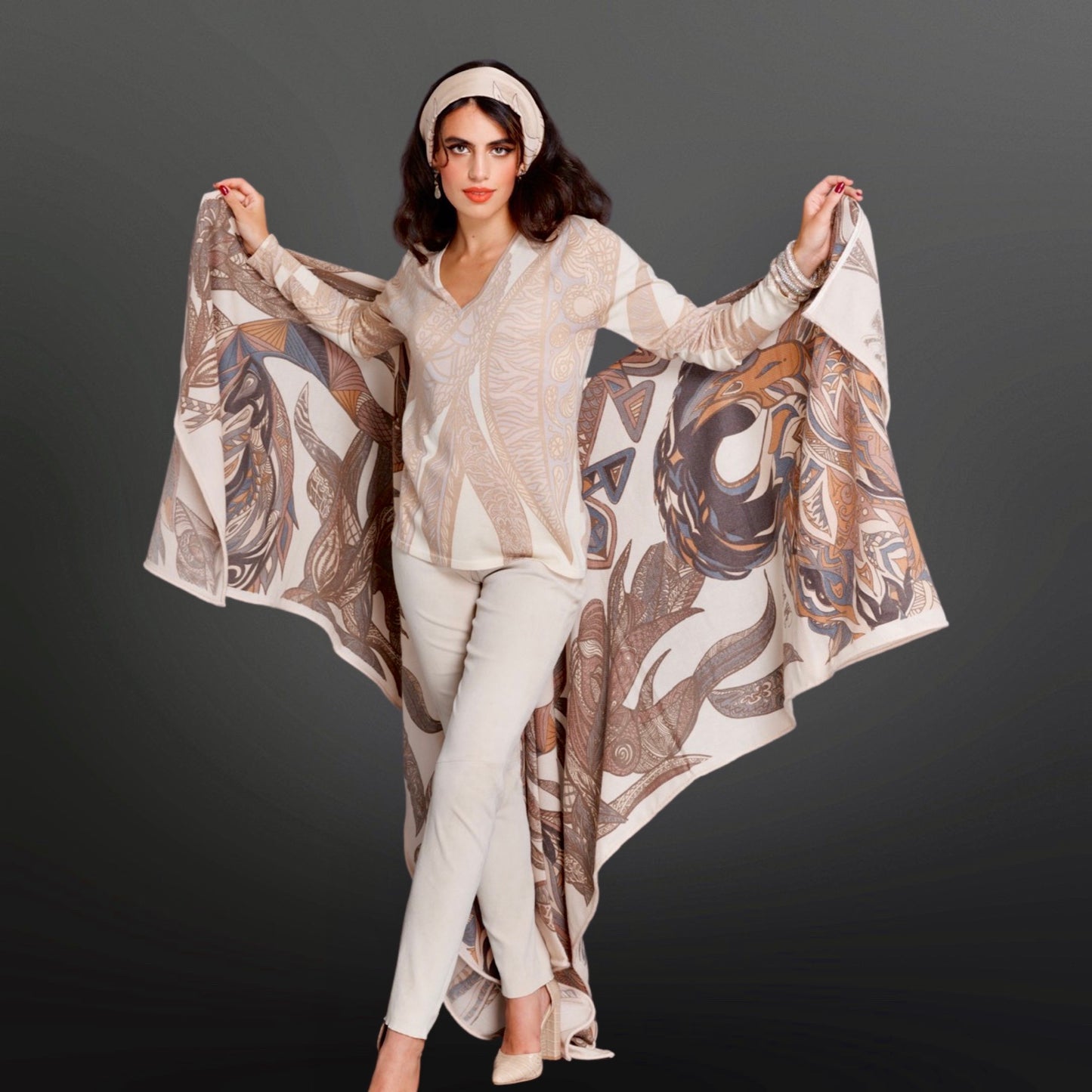 Cashmere Stole - Cape “FLAMINGO GARDEN” Beige tones LIMITED EDITION #5