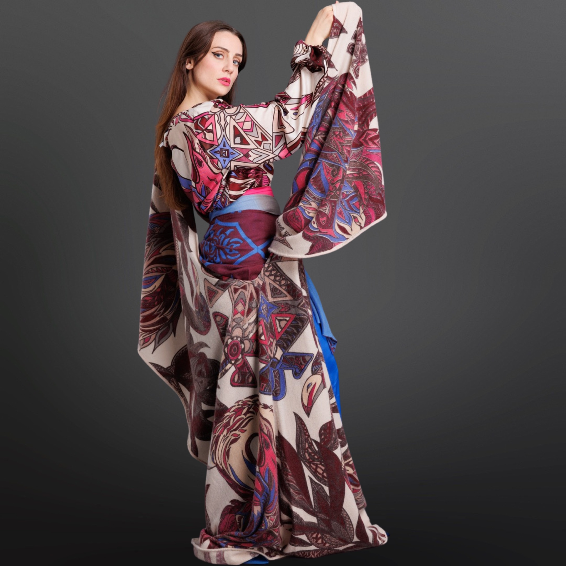 FLAMINGO GARDEN Baby-Kaschmir Cape/Stola, pink&blue on light beige