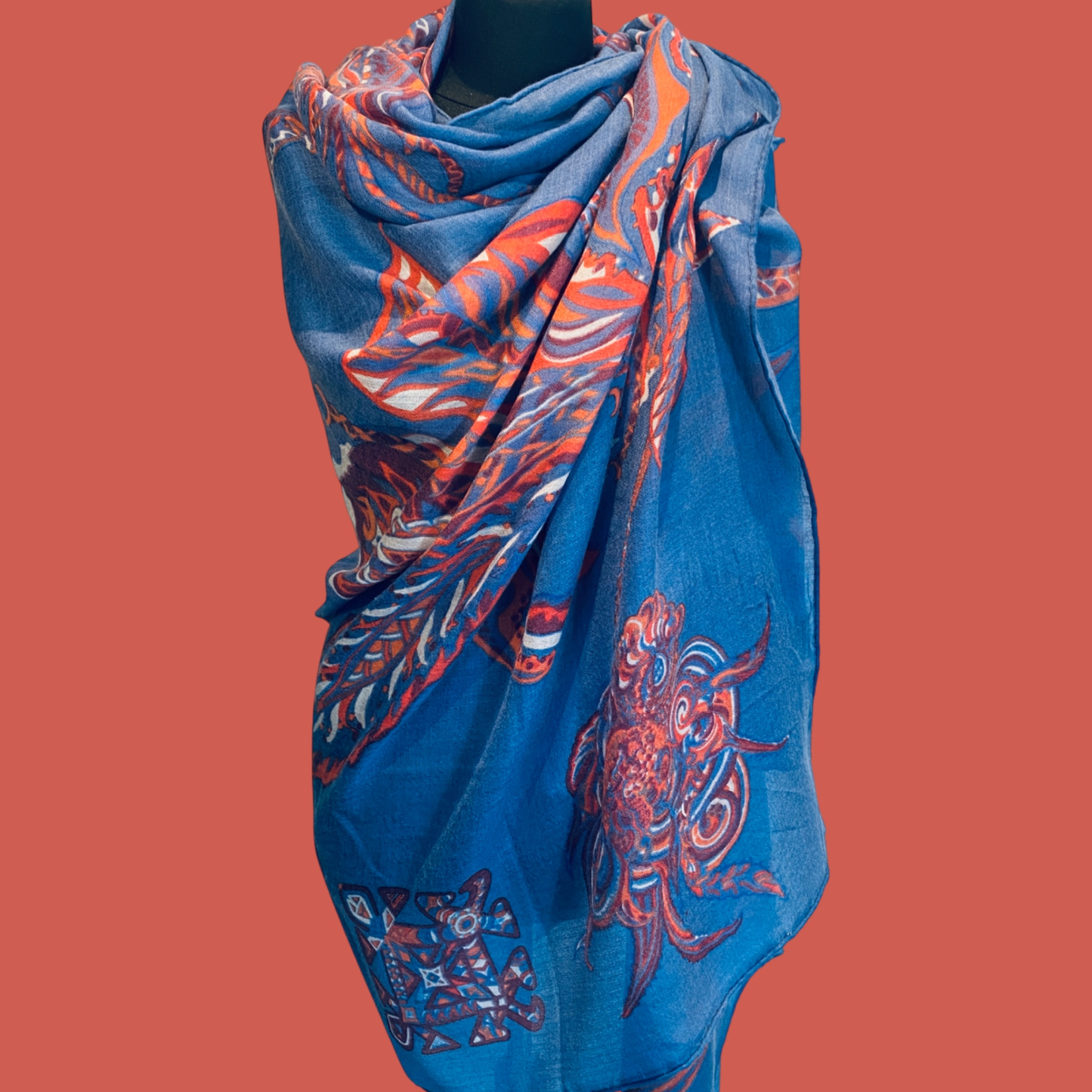 Schal SOUL FLOWERS leichter Baby-Kaschmir, blue&orange, limitiert 5 St