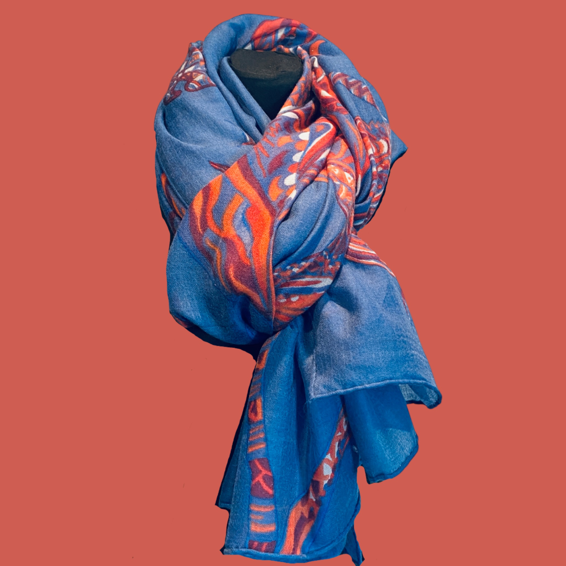 Schal SOUL FLOWERS leichter Baby-Kaschmir, blue&orange, limitiert 5 St