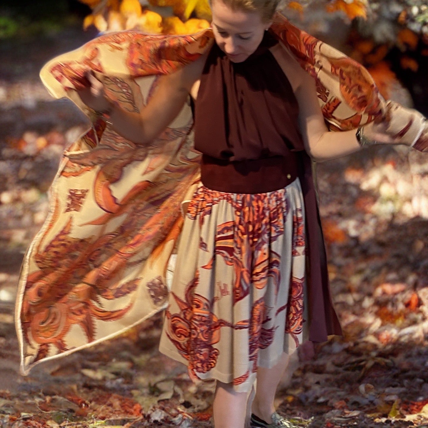 SOUL FLOWERS Kaschmir & Seide Midi Rock mit Veloursleder-Bund, orange & beige, Unikat