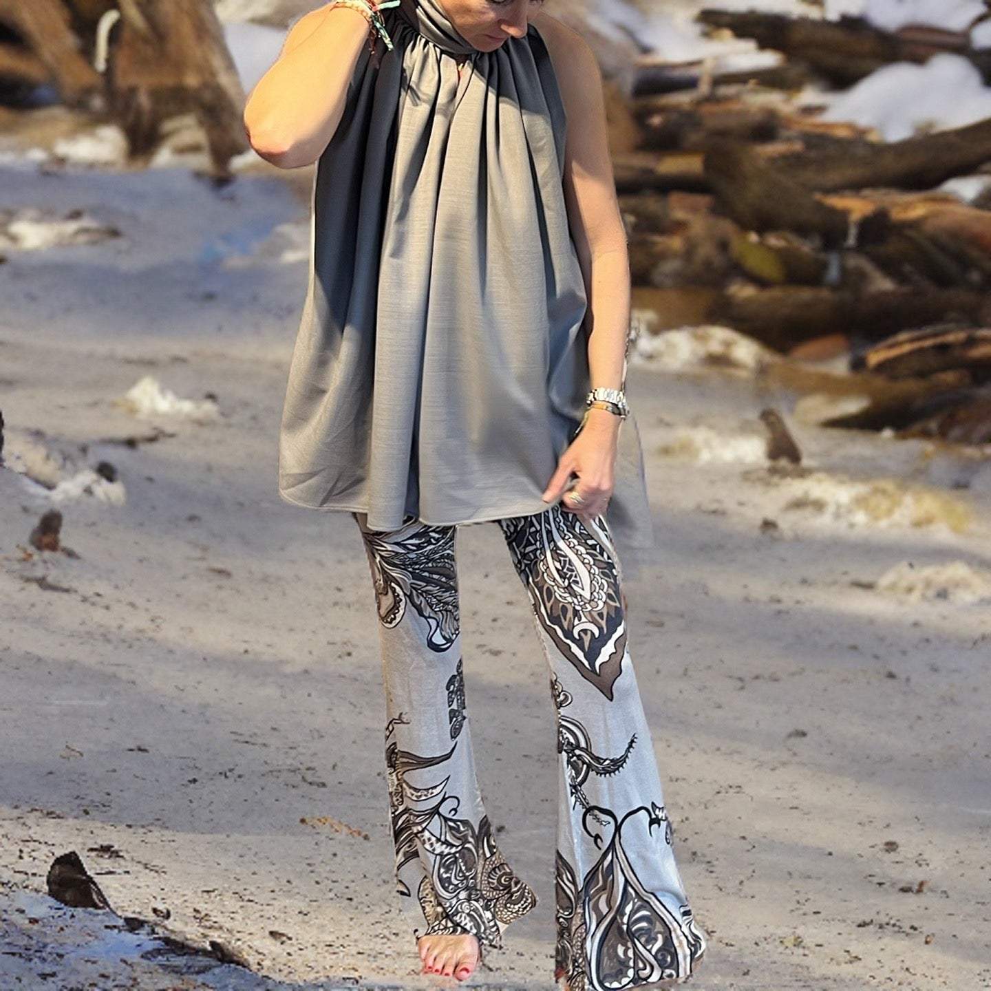 Hose SOUL LEAVES Feinstrick Kaschmir mit Schlag, greige, Limited 5 St.