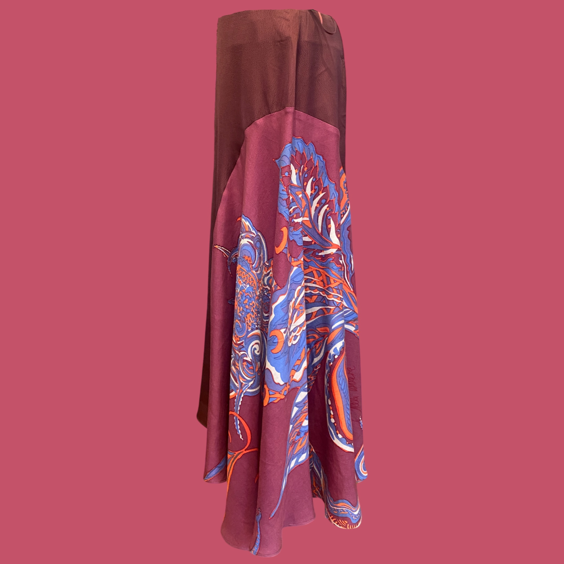 SOUL FLOWERS Asymmetrischer Rock, Seide, mauve, orange & blau, Unikat