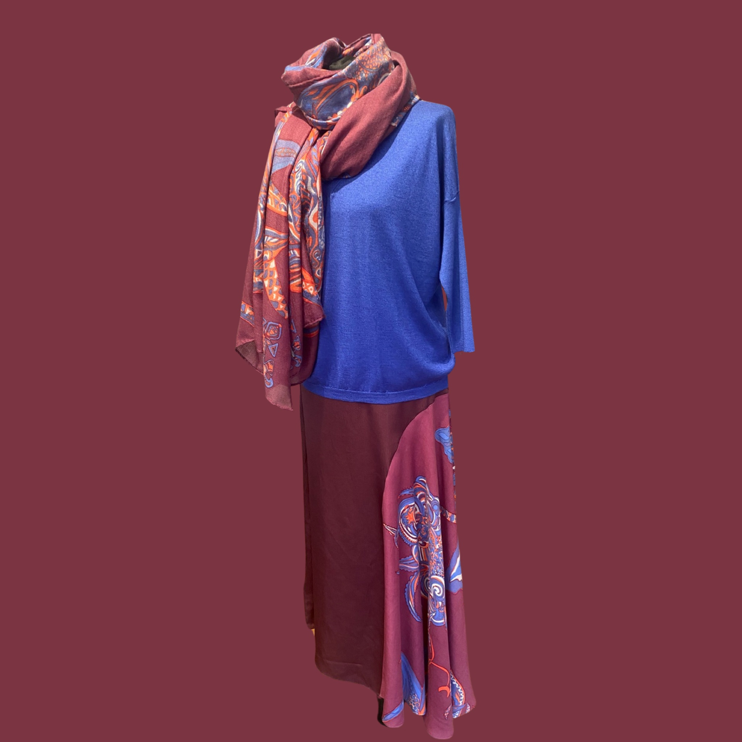 SOUL FLOWERS Wolle & Seiden-Wickelbluse, mauve & orange & blau, UNIKAT