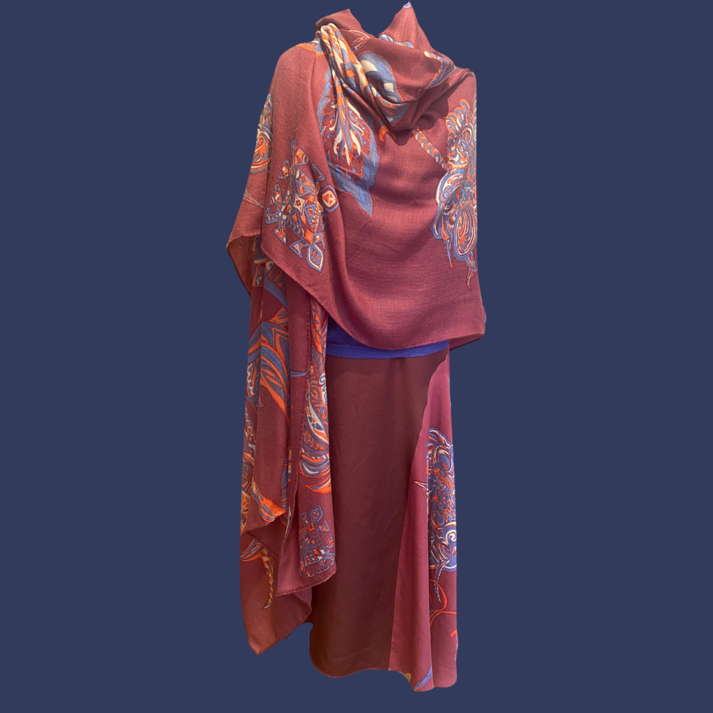 SOUL FLOWERS Asymmetrischer Rock, Seide, mauve, orange & blau, Unikat