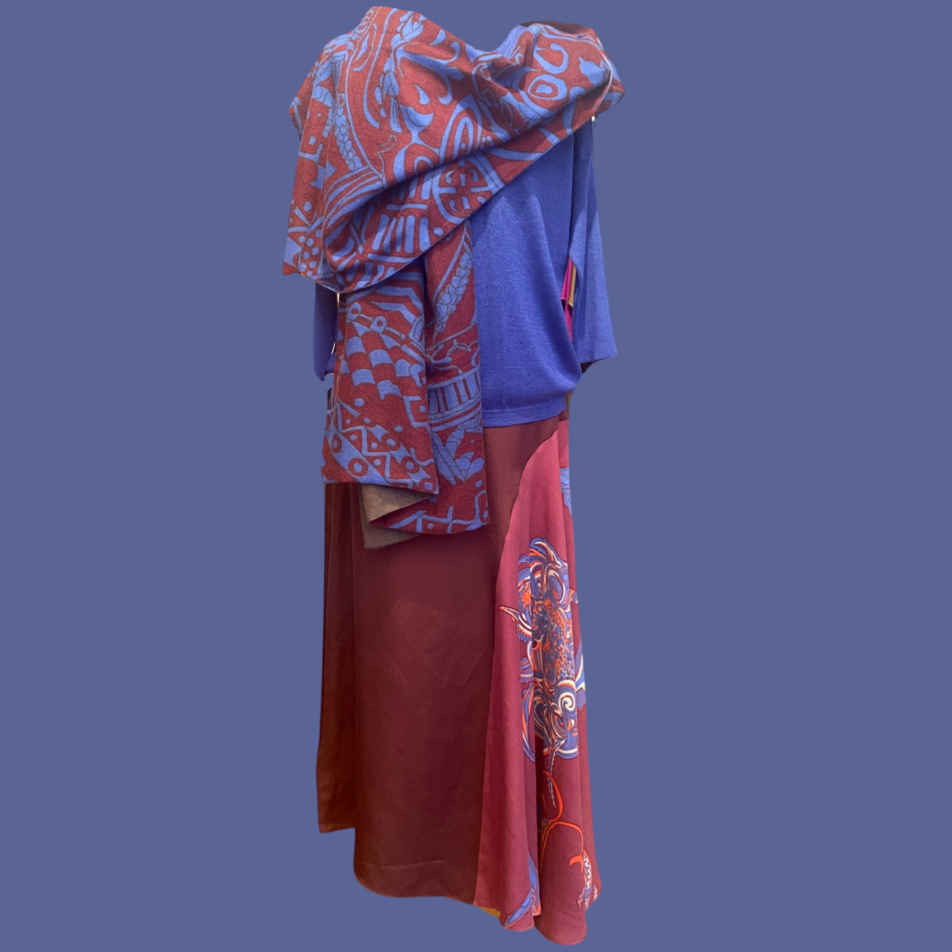 SOUL FLOWERS Wolle & Seiden-Wickelbluse, mauve & orange & blau, UNIKAT