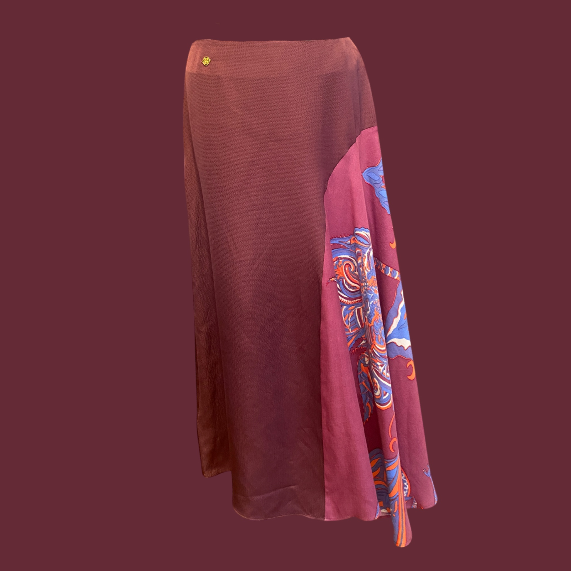 SOUL FLOWERS Asymmetrischer Rock, Seide, mauve, orange & blau, Unikat