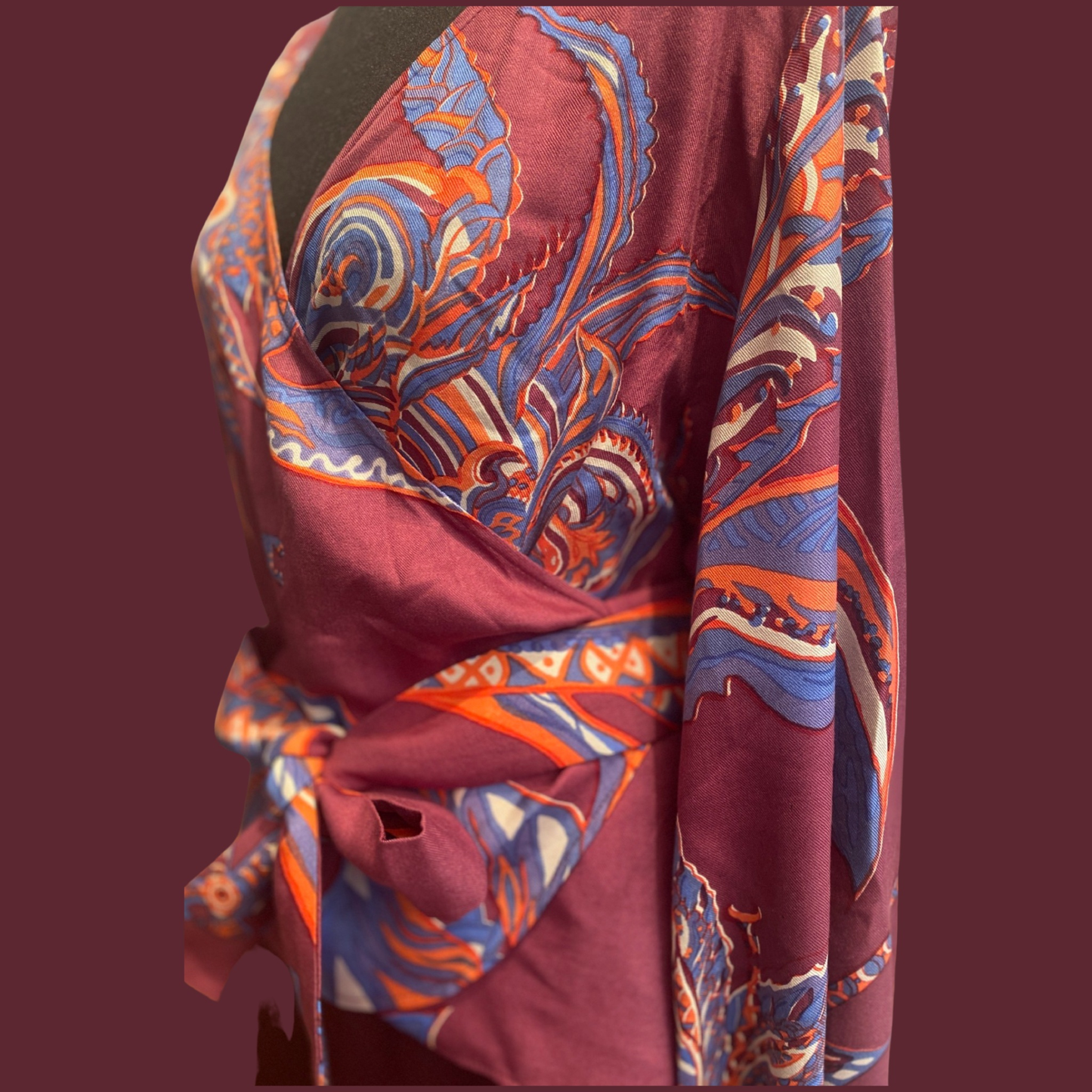 SOUL FLOWERS Wolle & Seiden-Wickelbluse, mauve & orange & blau, UNIKAT