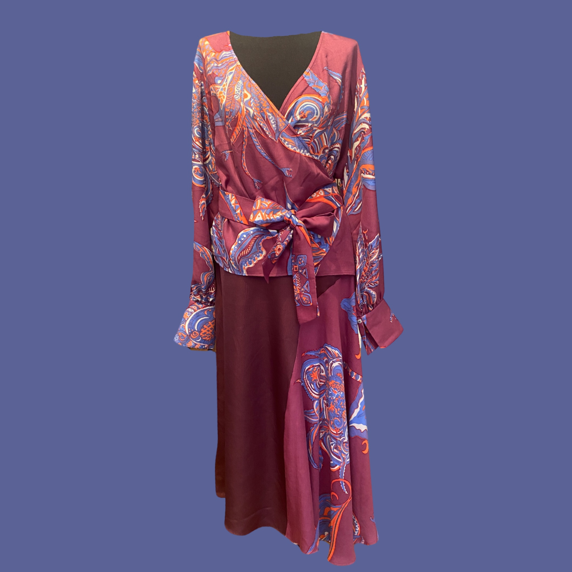 SOUL FLOWERS Asymmetrischer Rock, Seide, mauve, orange & blau, Unikat