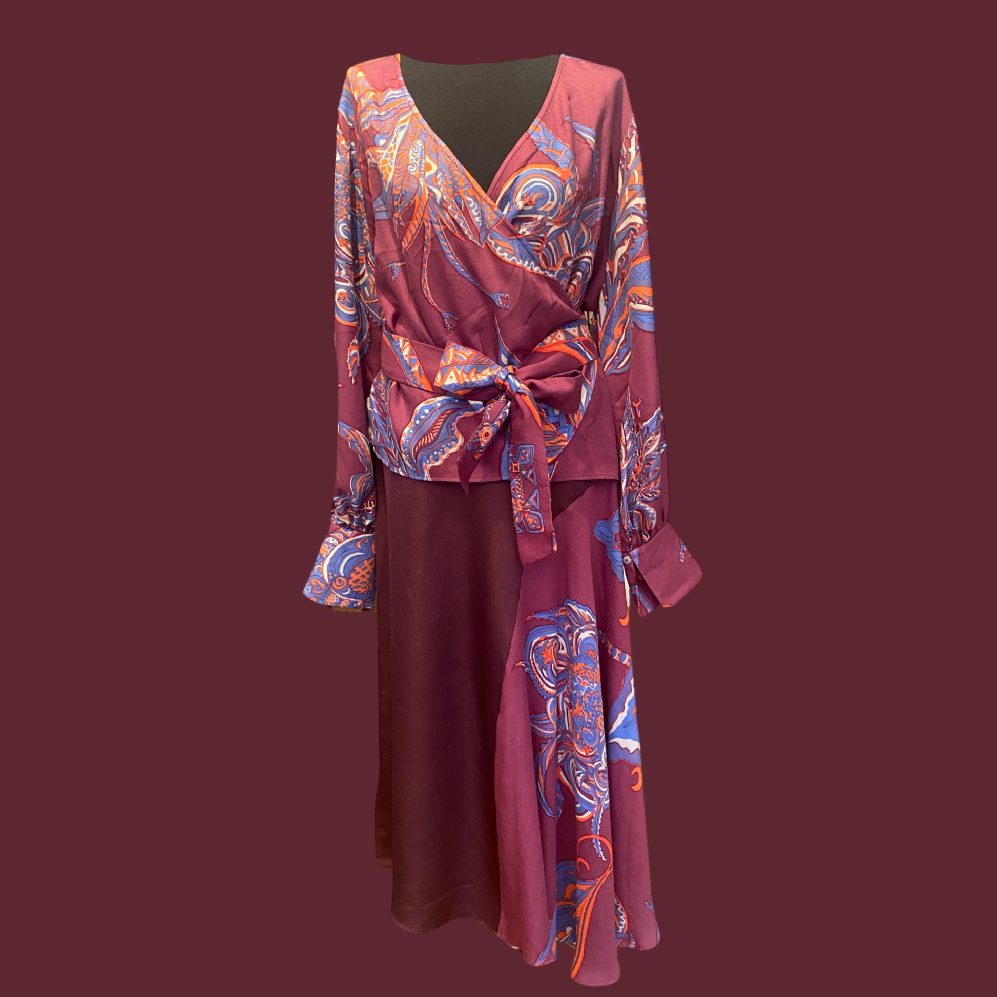 SOUL FLOWERS Wolle & Seiden-Wickelbluse, mauve & orange & blau, UNIKAT