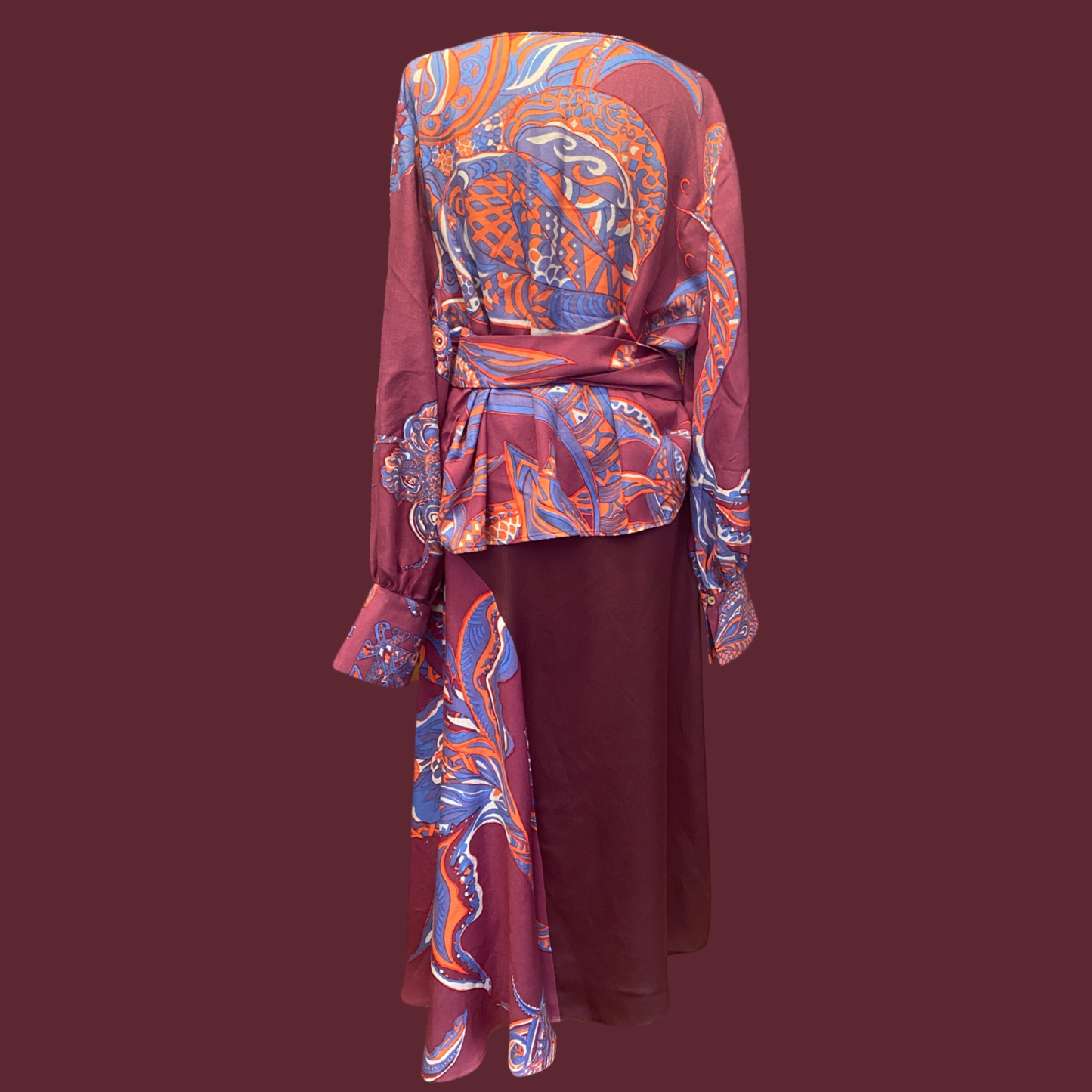 SOUL FLOWERS Asymmetrischer Rock, Seide, mauve, orange & blau, Unikat