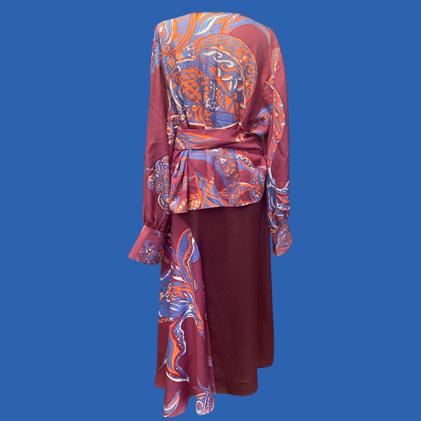 SOUL FLOWERS Wolle & Seiden-Wickelbluse, mauve & orange & blau, UNIKAT