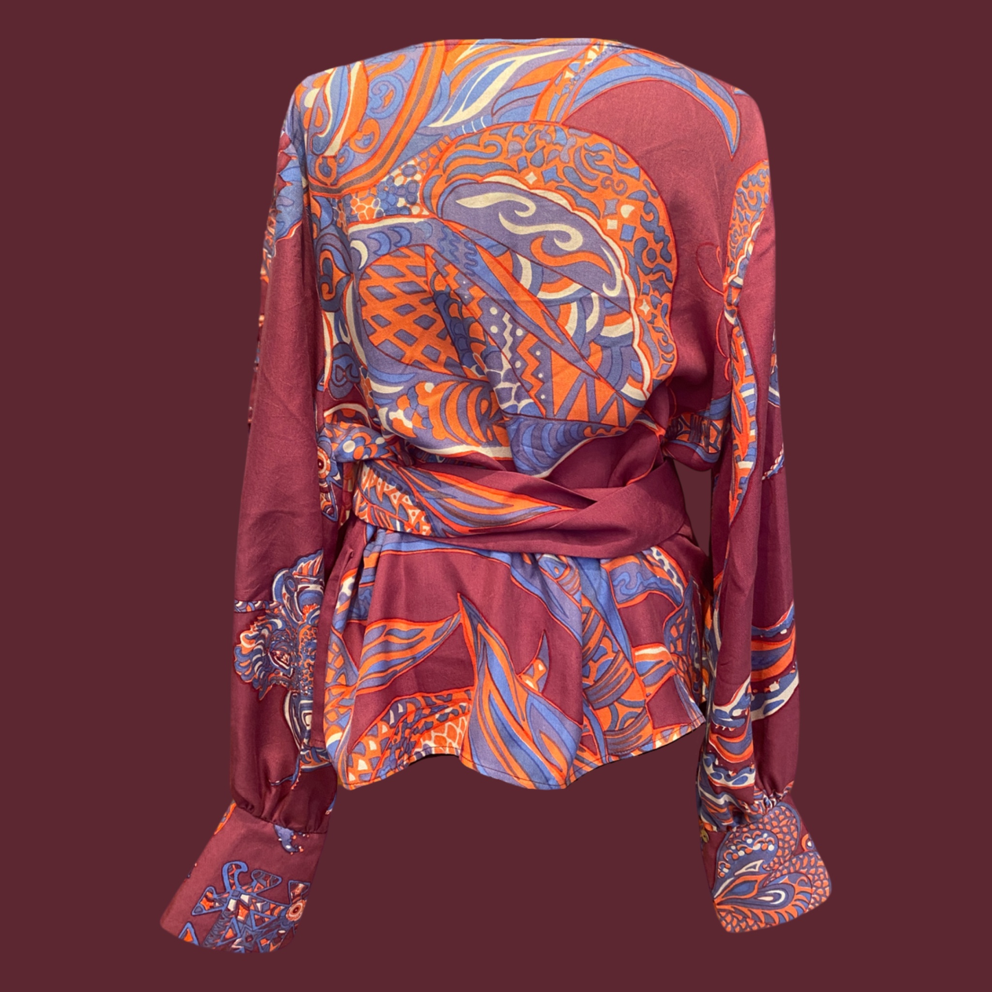 SOUL FLOWERS Wolle & Seiden-Wickelbluse, mauve & orange & blau, UNIKAT
