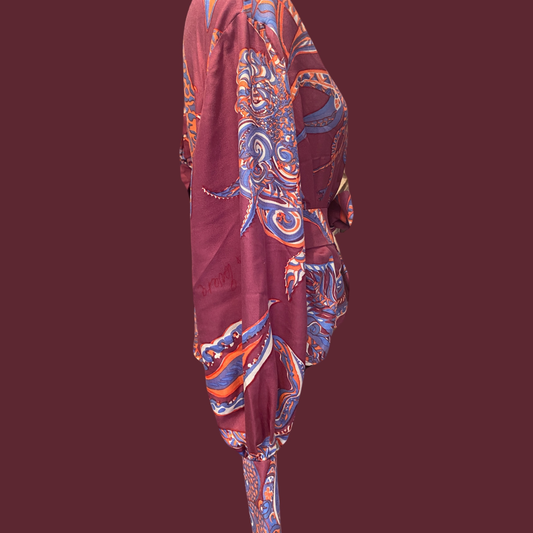 SOUL FLOWERS Wolle & Seiden-Wickelbluse, mauve & orange & blau, UNIKAT