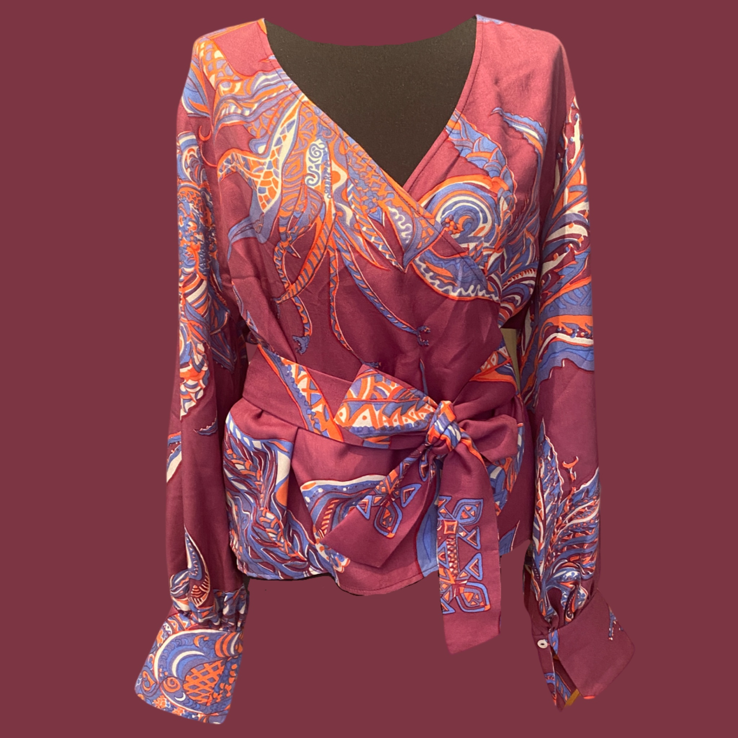 SOUL FLOWERS Wolle & Seiden-Wickelbluse, mauve & orange & blau, UNIKAT