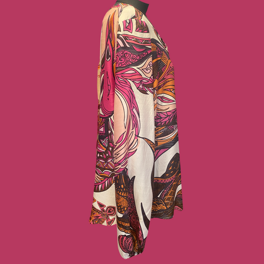 „FLAMINGO GARDEN Seiden-Tunika, pink & mauve & orange, Unikat