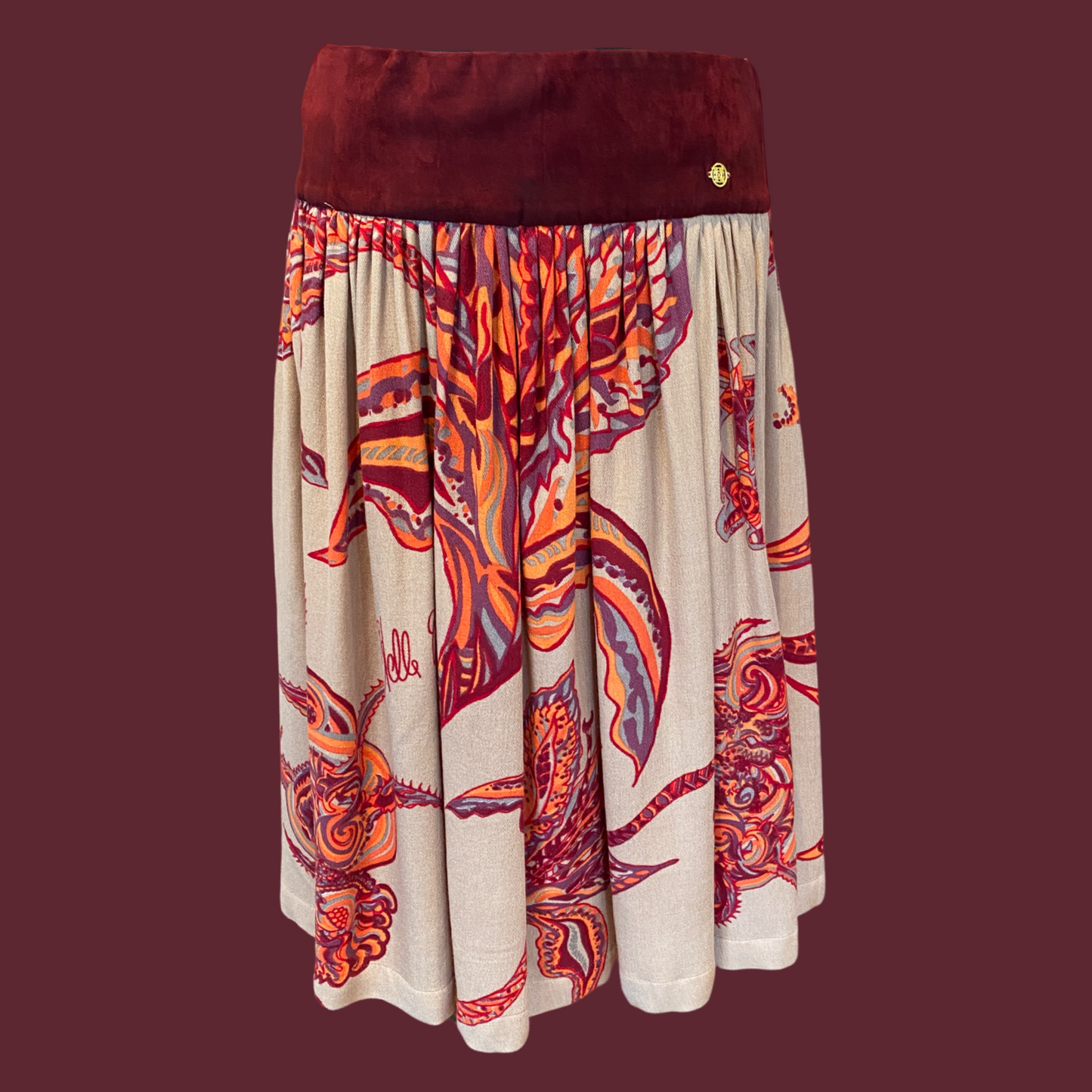 SOUL FLOWERS Kaschmir & Seide Midi Rock mit Veloursleder-Bund, orange & beige, Unikat