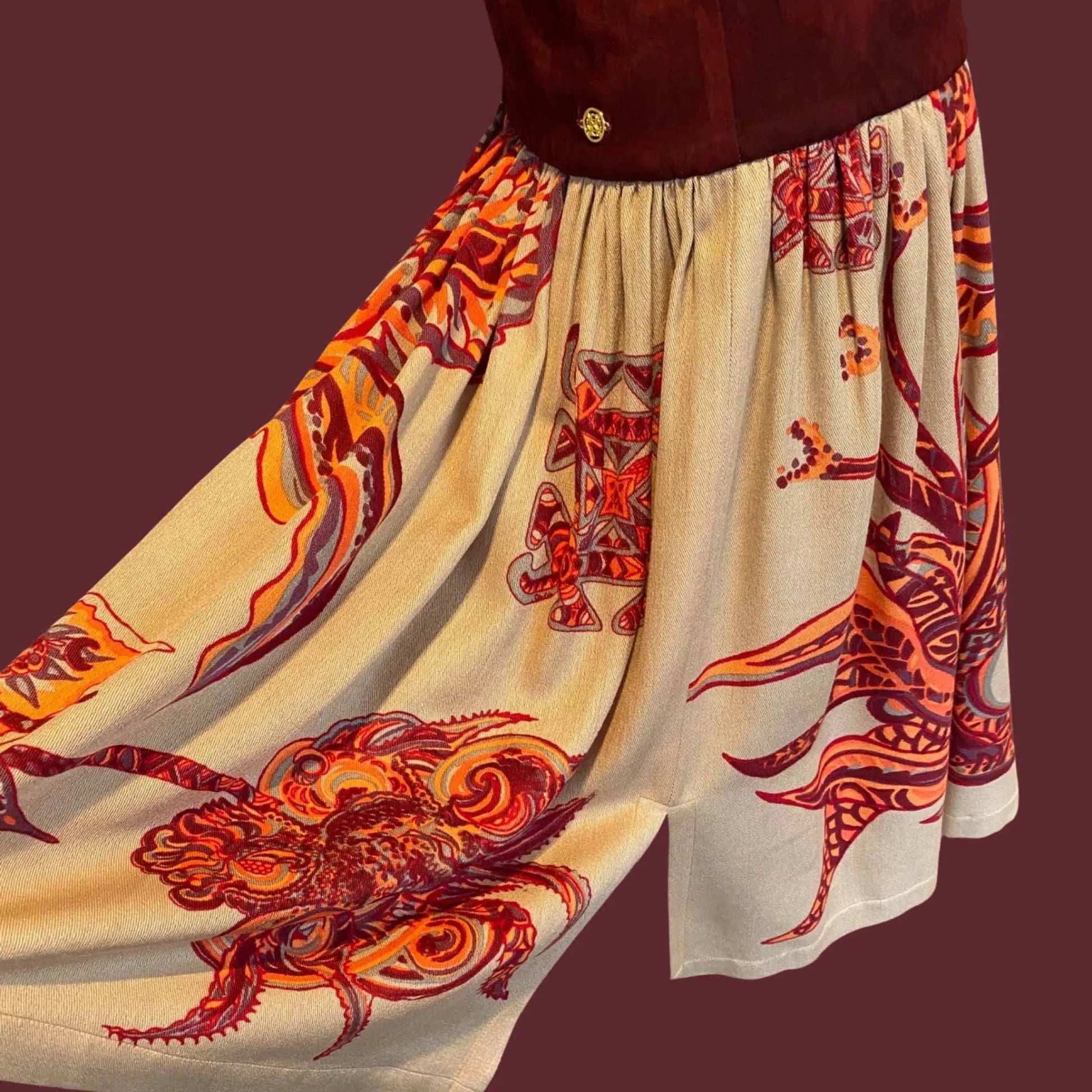 Rock SOUL FLOWERS Kaschmir & Seide,  Midi, mit Veloursleder-Bund, orange & beige, Unikat