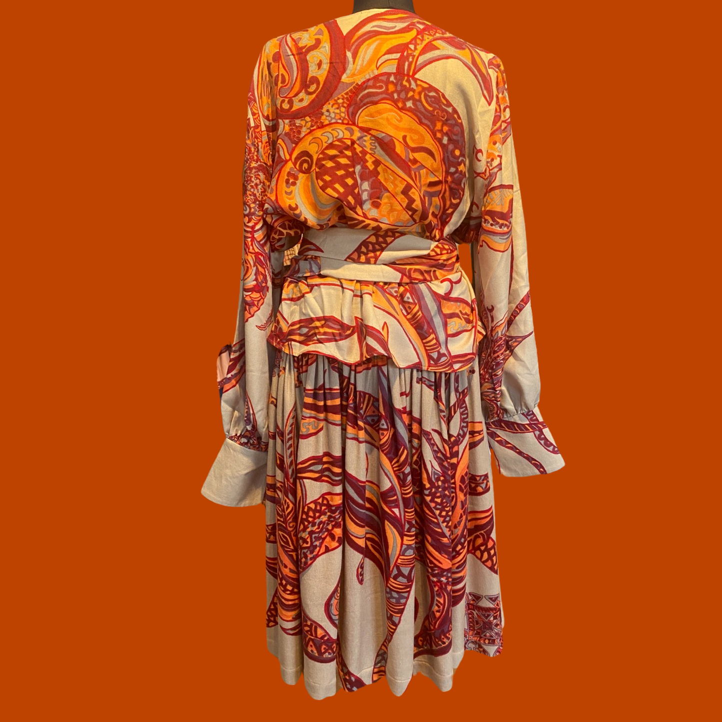 SOUL FLOWERS Kaschmir & Seide Midi Rock mit Veloursleder-Bund, orange & beige, Unikat
